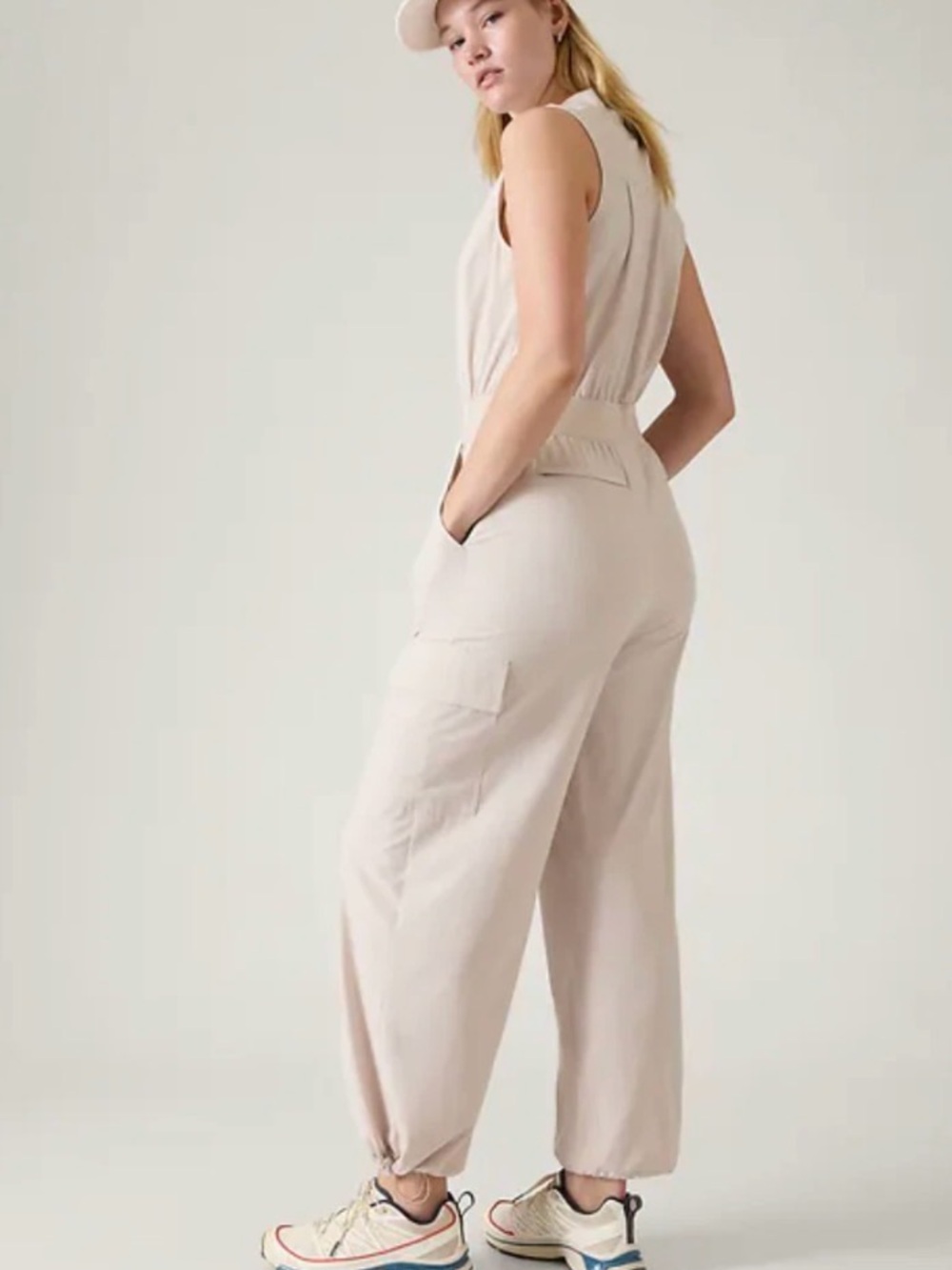 Athleta Brooklyn Utility Jumpsuit in Abalone White (light tanish) Size 16, EUC